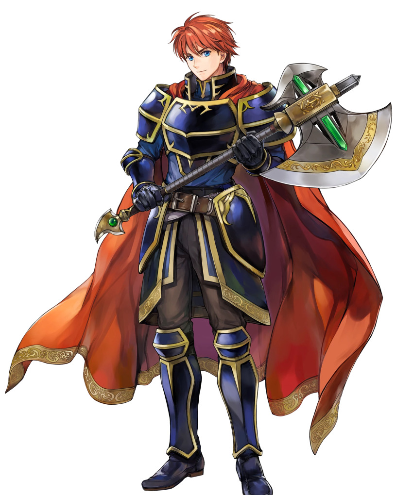 1boy, armor, axe, battle_axe, blue_armor, blue_eyes, cape, cosplay