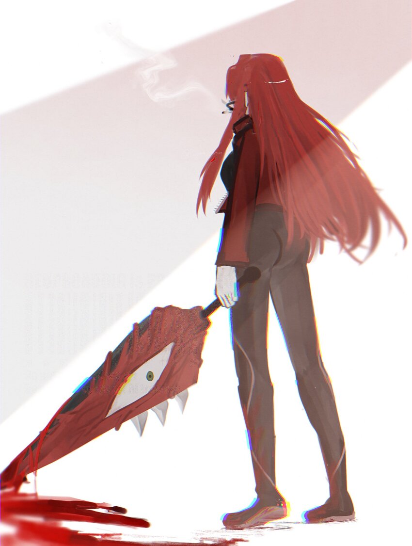 1girl, ass, black_bodysuit, blood, blood_on_ground, bloody_weapon, bodysuit, cigarette