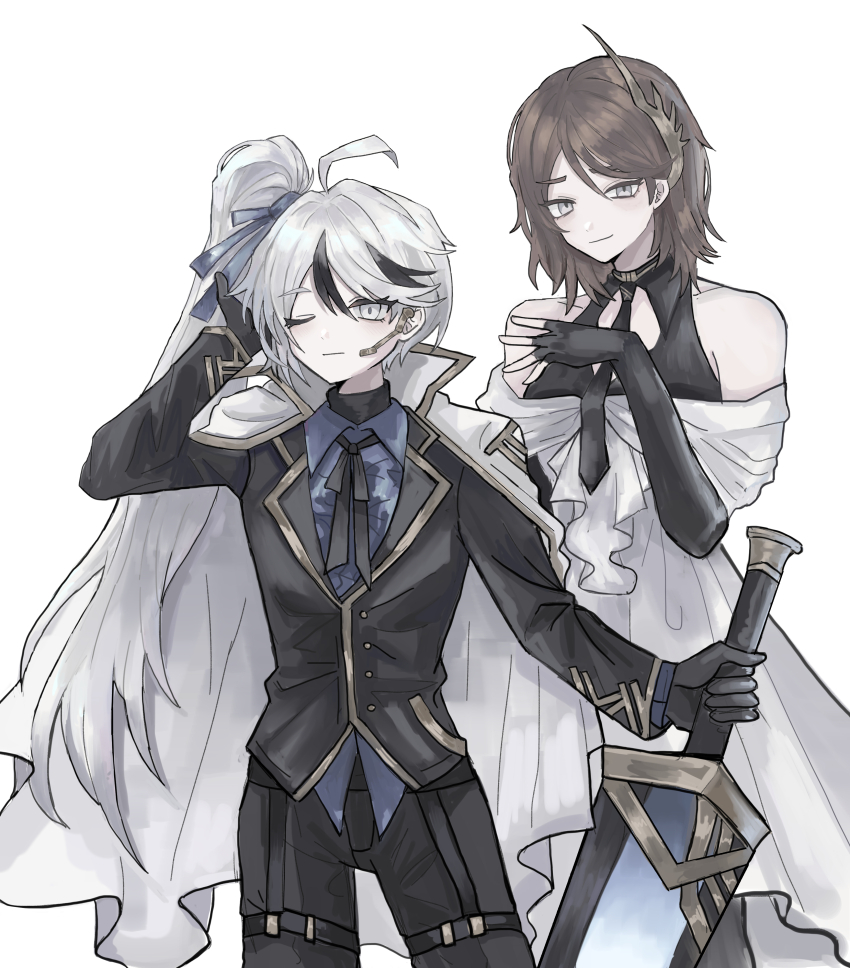 1boy, 1girl, absurdres, ahoge, alternate_costume, bare_shoulders, black_gloves, black_hair