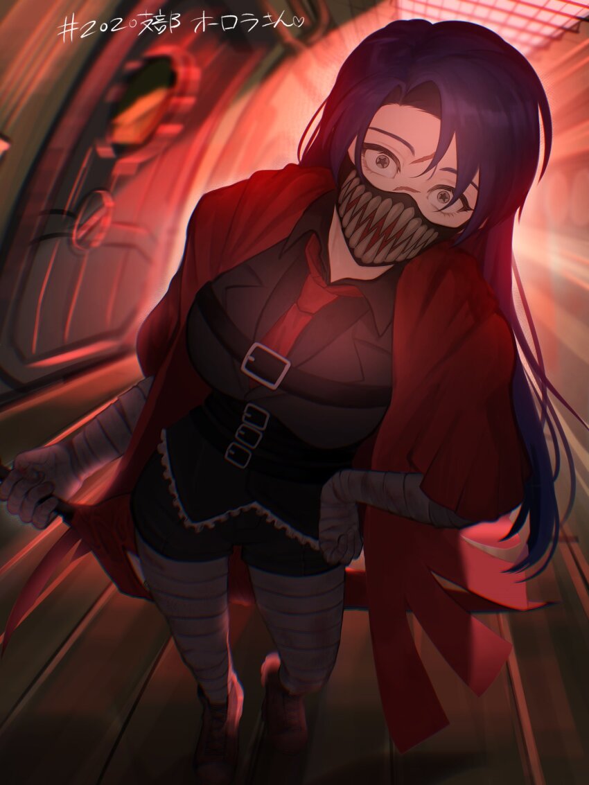 1girl, bandaged_arm, bandages, belt, black_shirt, breasts, coat, collared_shirt