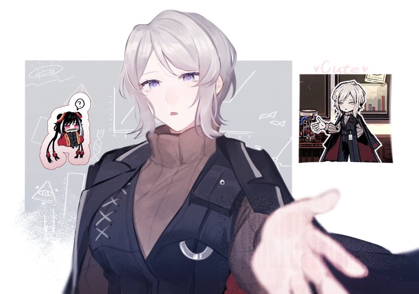 2girls, ?, black_jacket, blue_eyes, breasts, brown_sweater, chibi, chibi_inset