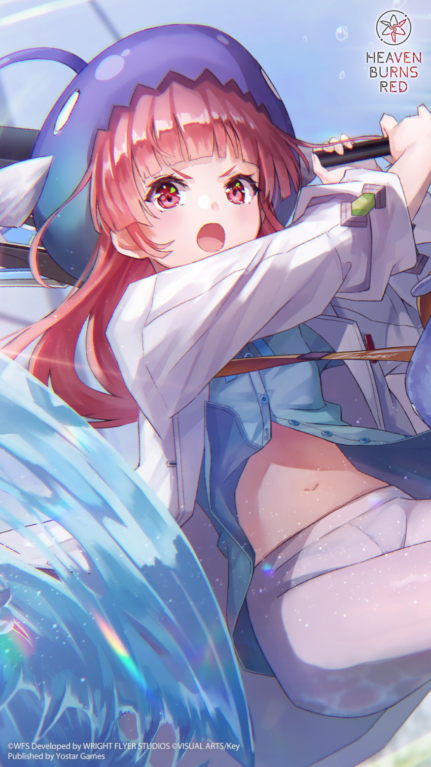 1girl, :o, anglerfish_costume, arms_up, blue_shirt, blunt_bangs, blunt_ends, blush