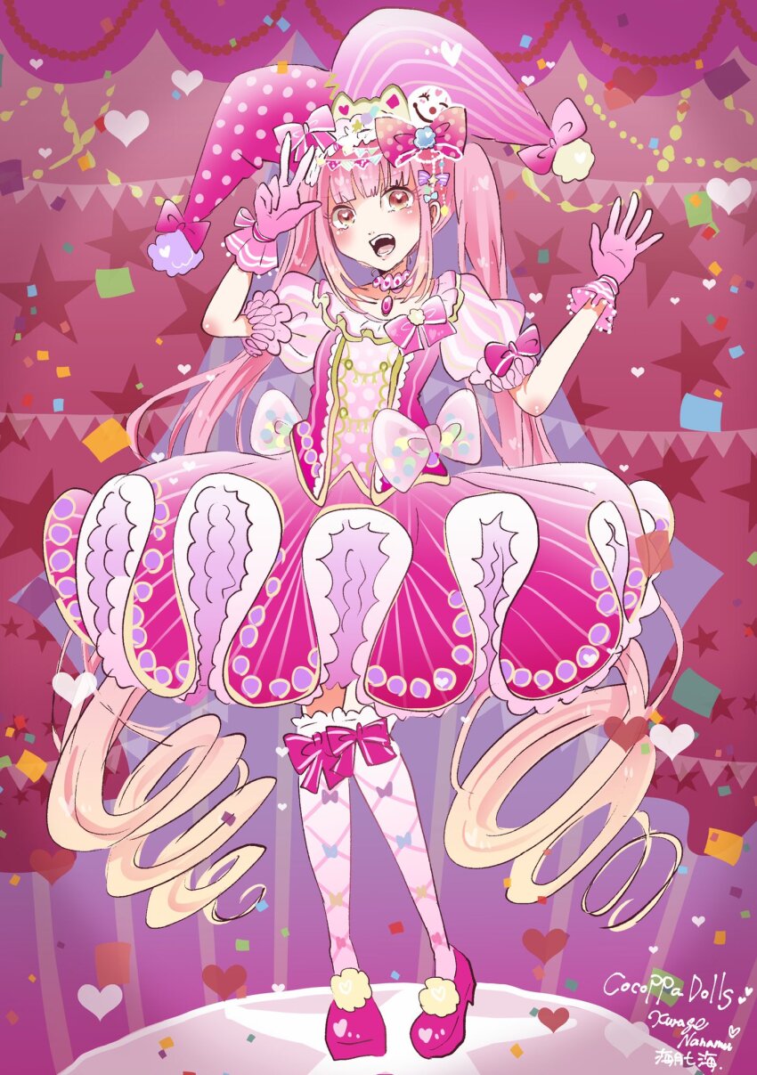 1girl, :d, artist_name, blonde_hair, blunt_bangs, bow, bow_legwear, bow_print