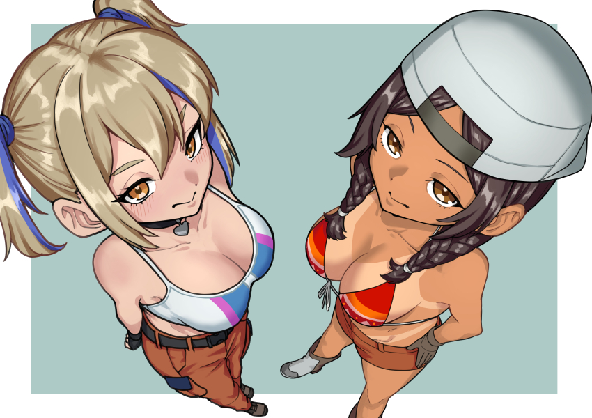 2girls, absurdres, arms_behind_back, backwards_hat, baseball_cap, black_choker, blonde_hair, blue_hair