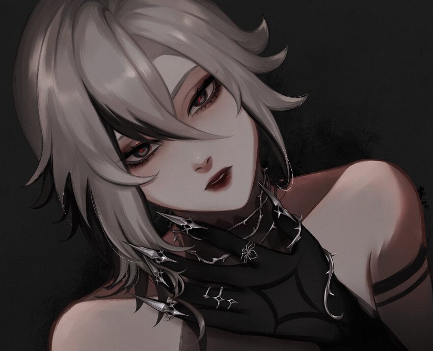 1girl, aegyo_sal, arlecchino_(genshin_impact), bare_shoulders, black_background, black_eyes, black_gloves, black_hair