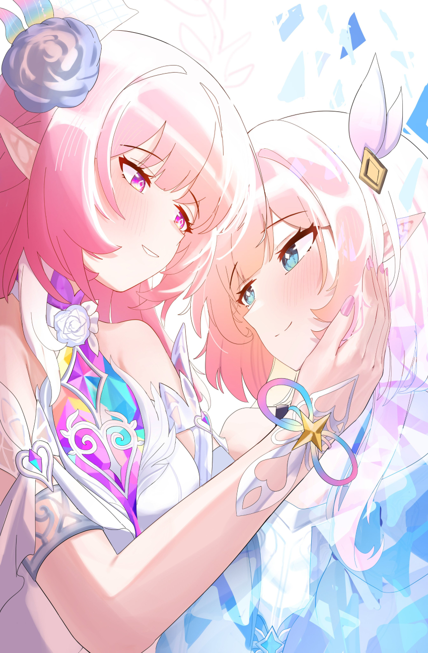 2girls, absurdres, armlet, bare_shoulders, blue_eyes, blue_flower, blue_rose, blush