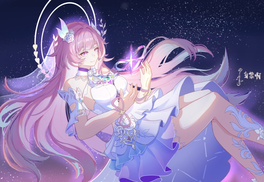 1girl, baili_baigal, breasts, bridal_veil, chinese_commentary, commentary_request, cyrene_(demiurge)_(honkai:_star_rail), cyrene_(honkai:_star_rail), diamond-shaped_pupils, diamond_(shape), dress, earrings, flower, hair_flower, hair_ornament, halo, highres, honkai:_star_rail, honkai_(series), jewelry, large_breasts, long_hair, pink_hair, purple_eyes, sky, smile, solo, space, star_(sky), starry_sky, symbol-shaped_pupils, thighs, veil, very_long_hair, white_dress