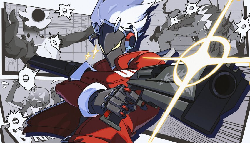 2boys, billy_kid, bullet_hole, dual_wielding, ethereal_(zenless_zone_zero), gun, helmet, highres