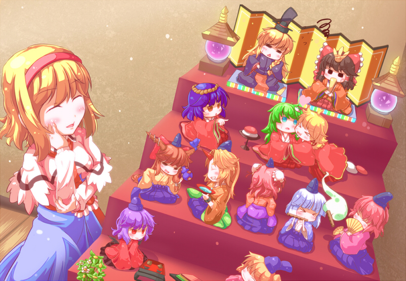 6+girls, alice_margatroid, alternate_costume, bishamonten's_pagoda, black_hair, blonde_hair, blush, bun_cover