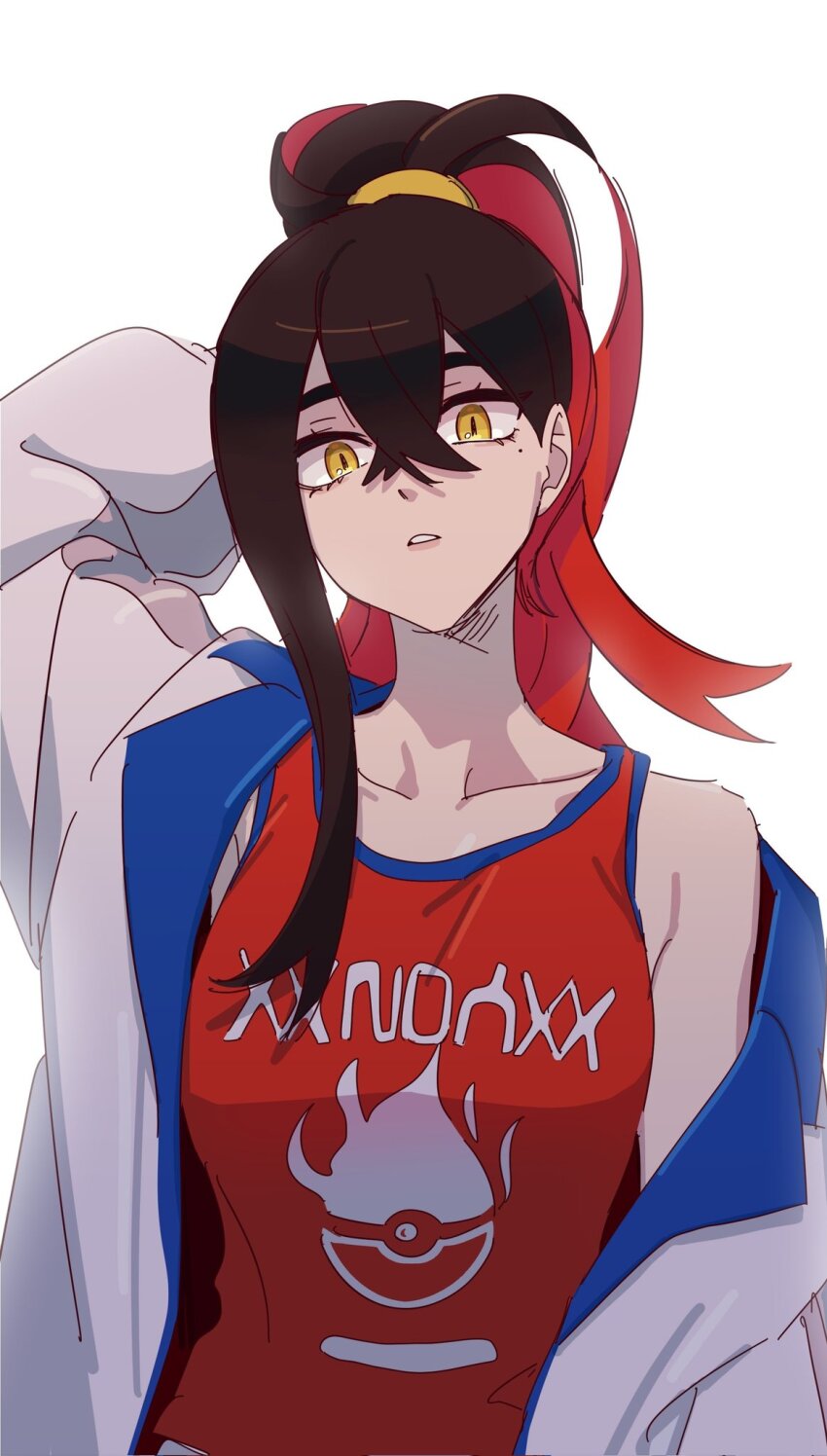 1girl, alternate_hairstyle, arm_behind_head, black_hair, breasts, carmine_(pokemon), commentary_request, cosplay