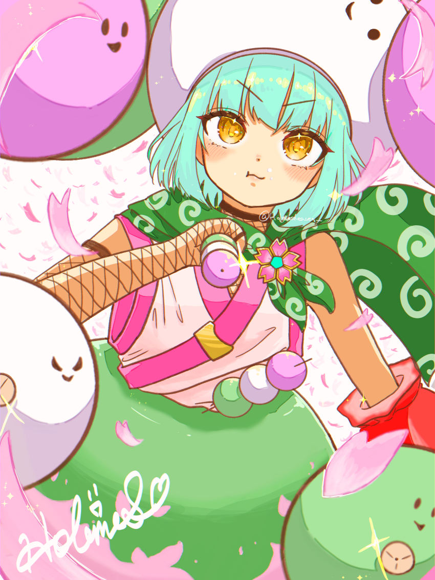 1girl, :t, absurdres, aqua_hair, blunt_bangs, blush, bungo_yayoi, bungo_yayoi_(big_dango_minion)