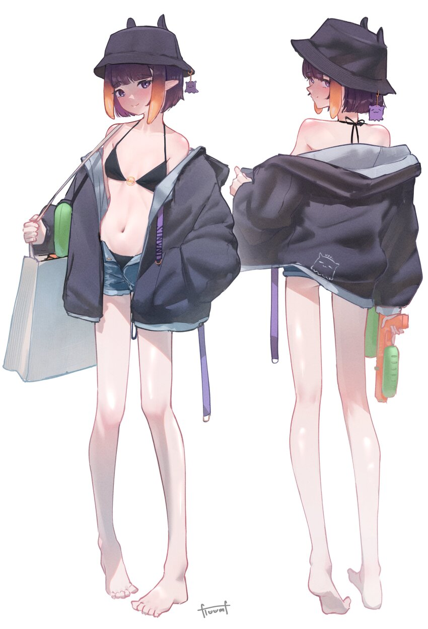 1girl, absurdres, alternate_costume, barefoot, bikini, bikini_bottom_under_shorts, bikini_under_clothes, black_bikini