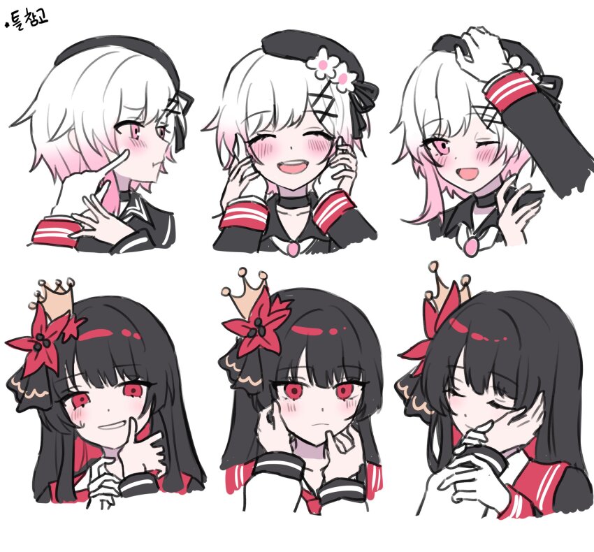 2girls, ^_^, beret, black_hair, black_hat, black_shirt, blunt_bangs, blush