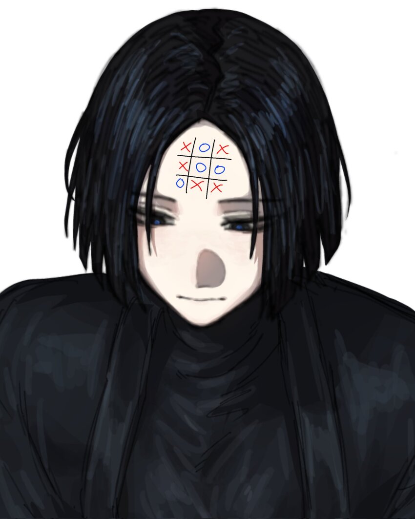 1boy, black_eyes, black_hair, black_jacket, black_shirt, closed_mouth, forehead, forehead_writing, hagi0855, highres, jacket, limbus_company, looking_down, male_focus, project_moon, ren_(project_moon), shirt, short_hair, simple_background, tic-tac-toe, turtleneck, white_background