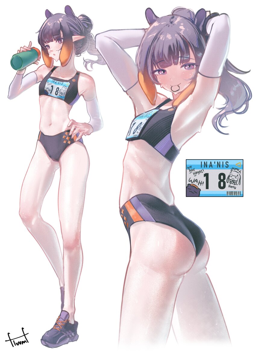 1girl, absurdres, armpits, arms_behind_head, arms_up, ass, blunt_bangs, bottle, buruma, commentary, compression_sleeve, english_commentary, flat_chest, floomf, full_body, gradient_hair, hair_bun, hair_tie_in_mouth, hand_on_own_hip, hand_up, highres, holding, holding_bottle, hololive, hololive_english, looking_at_viewer, medium_hair, mole, mole_under_eye, mouth_hold, multicolored_hair, multiple_views, name_tag, ninomae_ina'nis, orange_hair, pointy_ears, ponytail, purple_buruma, purple_eyes, purple_hair, purple_shoes, purple_sports_bra, shoes, sidelocks, simple_background, single_hair_bun, sneakers, sports_bikini, sports_bra, tentacle_hair, virtual_youtuber, white_background