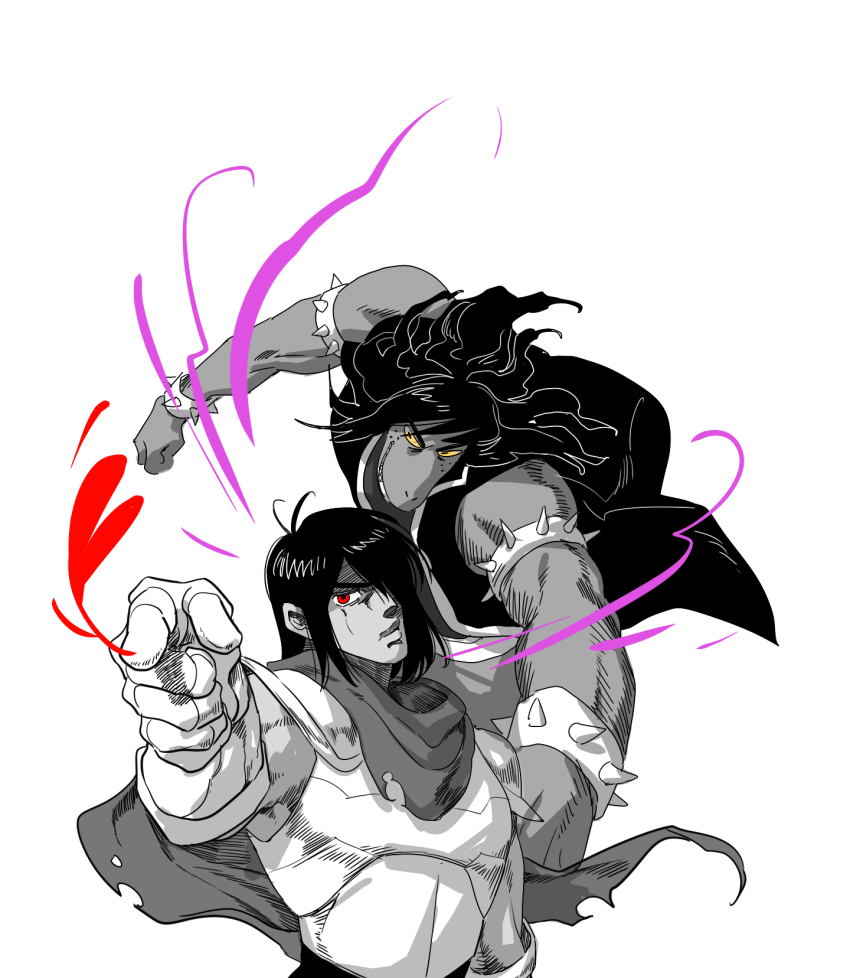 1girl, 1other, araki_hirohiko_(style), armlet, armor, bracelet, commentary_request, deltarune