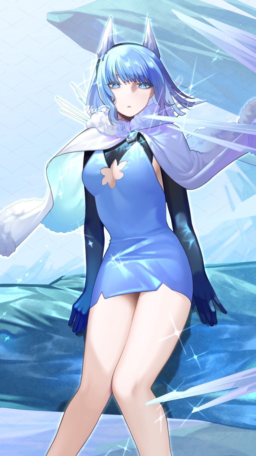 1girl, black_gloves, black_hairband, blue_background, blue_dress, blue_eyes, blue_eyeshadow, blue_hair, cleavage_cutout, clothing_cutout, coat, colored_eyelashes, commentary, dress, elbow_gloves, eyeshadow, fire_emblem, fire_emblem_heroes, fur-trimmed_coat, fur_trim, gloves, hairband, highres, ice_spikes, ikura_(downdexp), looking_at_viewer, makeup, medium_hair, nifl_(fire_emblem), nintendo, parted_lips, short_dress, sitting, solo, sparkle, watermark, watermark_grid, white_coat