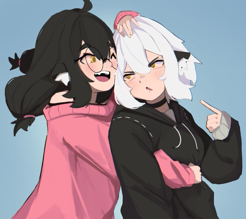 2girls, ahoge, animal_ear_fluff, animal_ears, bad_tag, black_hair, black_hoodie, black_shirt, blue_background, blush, braid, braided_ponytail, commentary, double-parted_bangs, drawstring, english_commentary, fang, glasses, grey_trim, hair_between_eyes, hair_intakes, hair_ribbon, hand_on_another's_head, highres, hood, hoodie, hug, hug_from_behind, long_sleeves, maish_(maishtar_colo), maishtar_colo, medium_hair, multiple_girls, one_eye_closed, open_mouth, original, parted_lips, pink_ribbon, pink_sweater, pointing, pointing_at_self, ribbon, round_eyewear, shirt, siblings, simple_background, sisters, sleeves_past_wrists, smile, sweater, teeth, unamused, upper_body, upper_teeth_only, v-shaped_eyebrows, white_hair, xin_(maishtar_colo), yellow_eyes