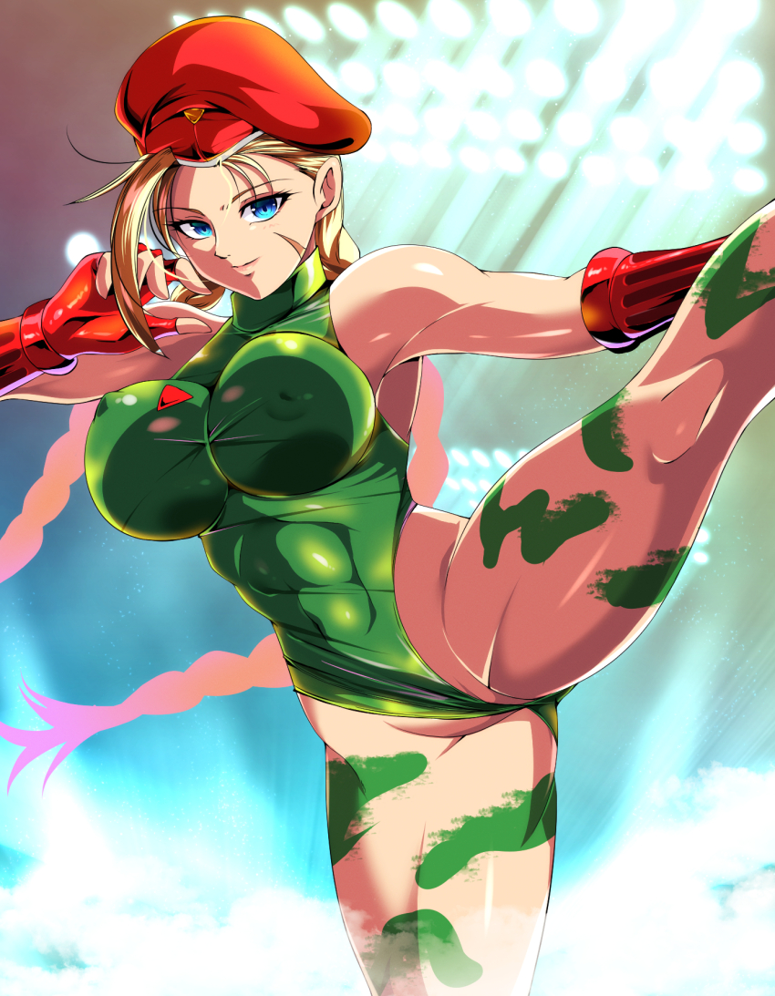 1girl, abs, beret, blonde_hair, blue_eyes, bodypaint, braid, breasts