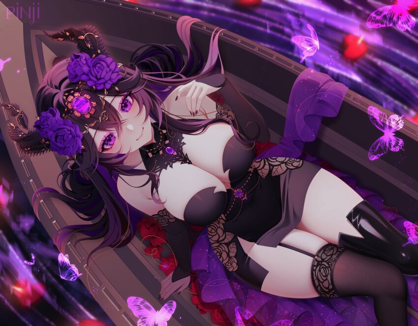 1girl, artist_name, asymmetrical_legwear, bare_shoulders, black_dress, black_hair, black_nails, black_thighhighs