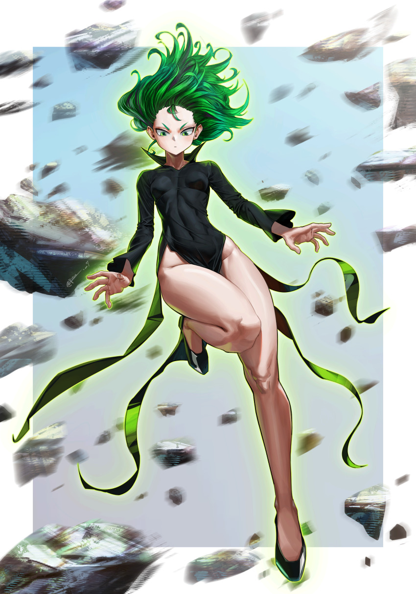 1girl, absurdres, black_shoes, breasts, closed_mouth, covered_navel, dress, floating, floating_hair, forehead, glowing, glowing_dress, glowing_hair, green_dress, green_eyes, green_hair, highres, levitation, long_hair, long_sleeves, looking_at_viewer, midair, one-punch_man, rido9, rubble, shoes, small_breasts, solo, tatsumaki