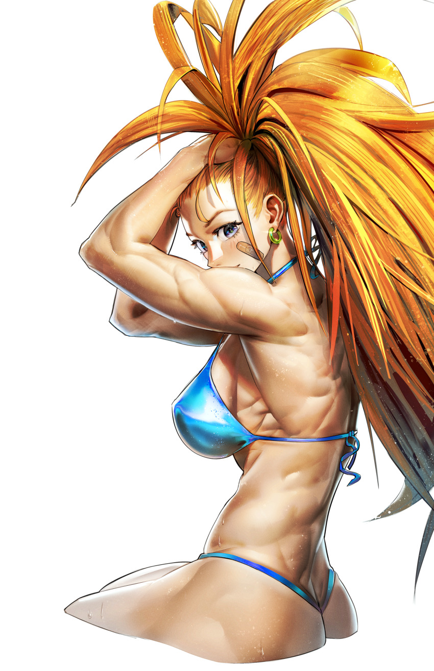 1girl, absurdres, bandaid, bandaid_on_cheek, bandaid_on_face, bikini, blue_bikini, breasts
