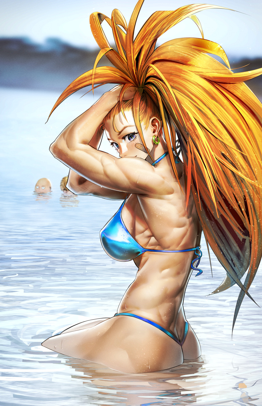 1girl, 2boys, absurdres, bald, bandaid, bandaid_on_cheek, bandaid_on_face, bikini, blonde_hair, blue_bikini, breasts, butt_crack, captain_mizuki, commentary, earrings, english_commentary, genos, highres, jewelry, lake, large_breasts, long_hair, looking_at_viewer, multiple_boys, muscular, muscular_female, one-punch_man, orange_hair, partially_submerged, rido9, saitama_(one-punch_man), short_hair, sideboob, sitting, solo_focus, swimsuit, tying_hair, wet