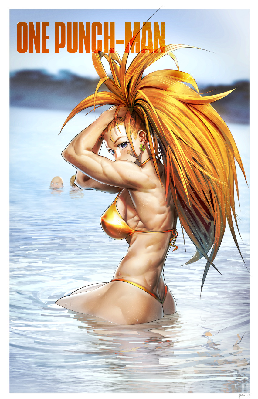 1girl, 2boys, absurdres, bald, bandaid, bandaid_on_cheek, bandaid_on_face, bikini