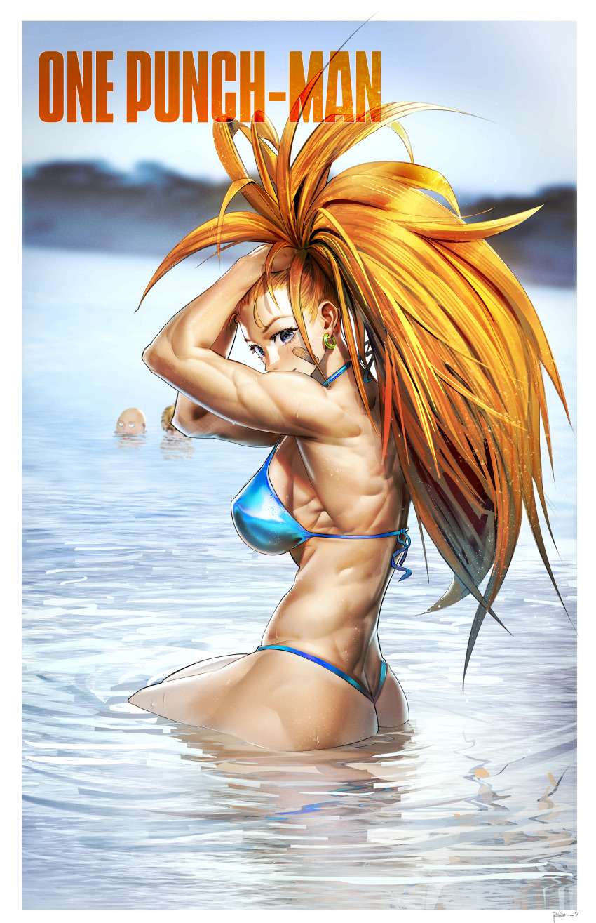 1girl, 2boys, absurdres, bald, bandaid, bandaid_on_cheek, bandaid_on_face, bikini