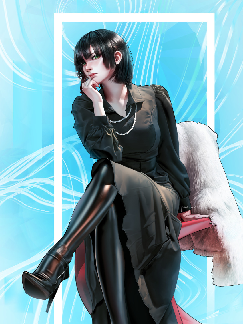 absurdres, black_boots, black_dress, black_hair, blue_background, boots, coat, collarbone