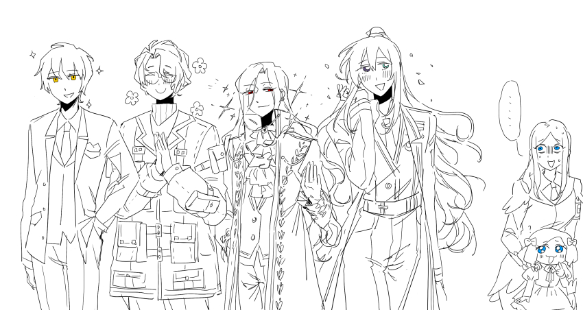 1girl, 1other, 3boys, :3, absurdres, ascot, belt, bishounen