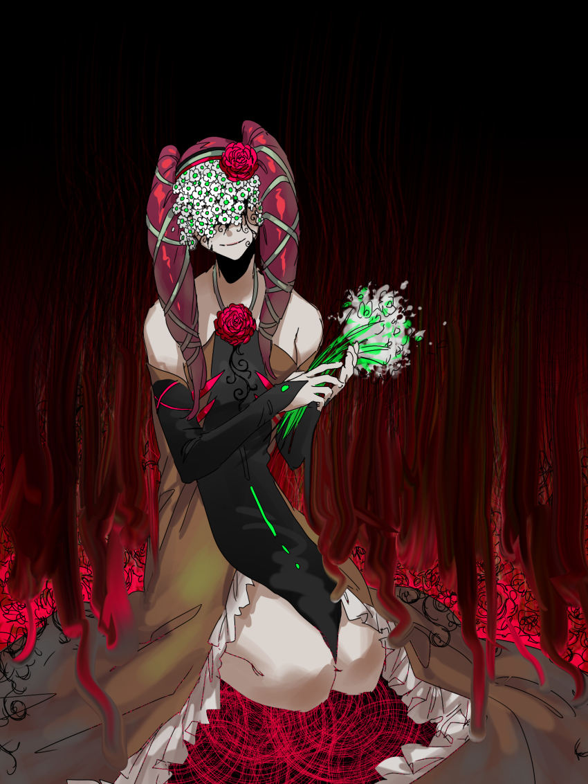 1girl, beauty_and_the_beast_(project_moon), black_dress, blood, bouquet, brown_dress, closed_mouth, commentary_request