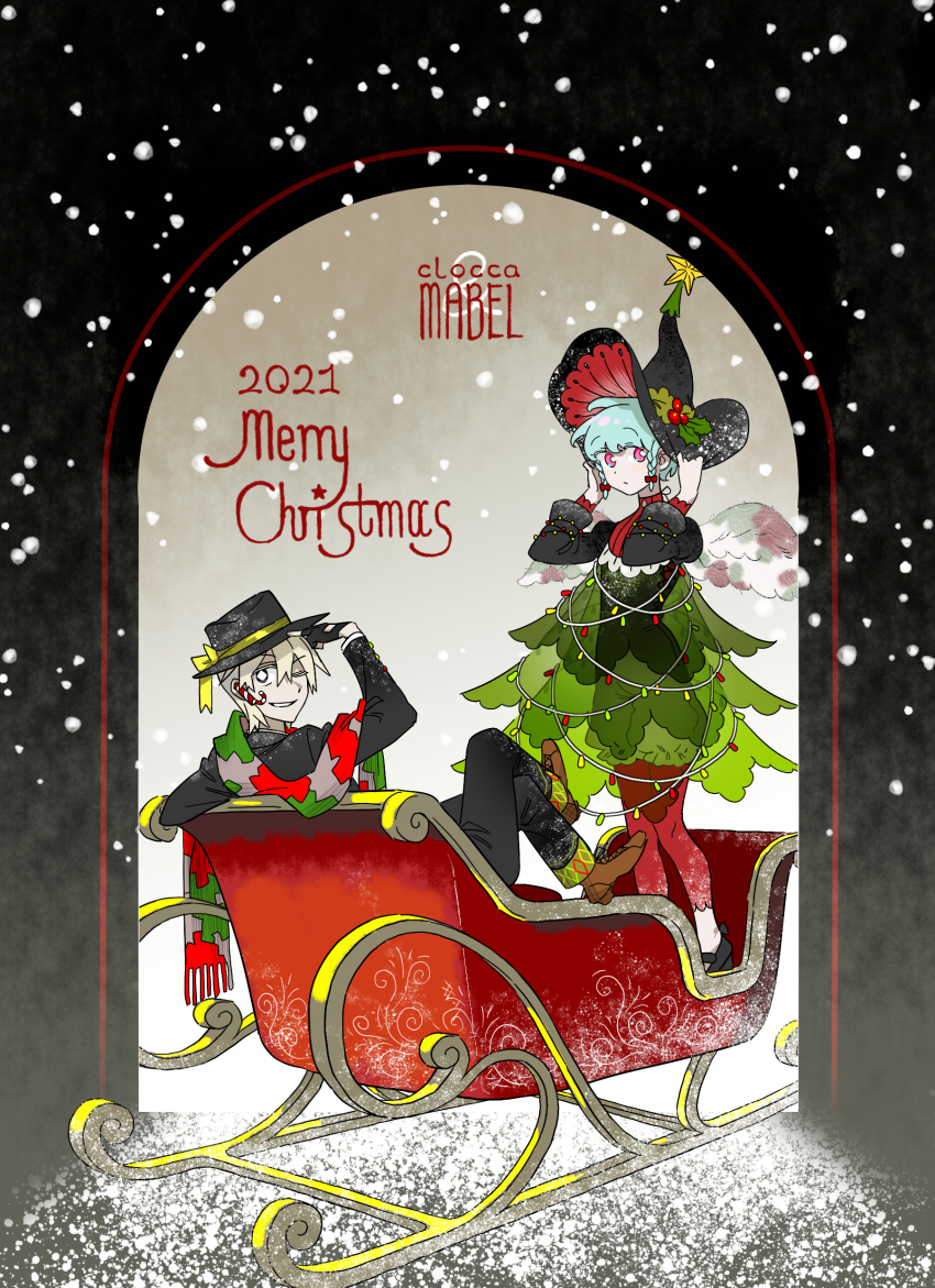 1boy, 1girl, 2021, absurdres, angel_wings, black_hat, bloomers, blue_hair, braid, christmas_(e.g.o), christmas_tree_costume, commentary_request, dress, e.g.o_(project_moon), employee_(project_moon), green_dress, hat, highres, leggings, lobotomy_corporation, looking_at_viewer, nugget_(project_moon), patchwork_clothes, pink_eyes, project_moon, red_leggings, short_hair, side_braids, sleigh, underwear, wei_qie_zaisheng, white_bloomers, wings, witch_hat