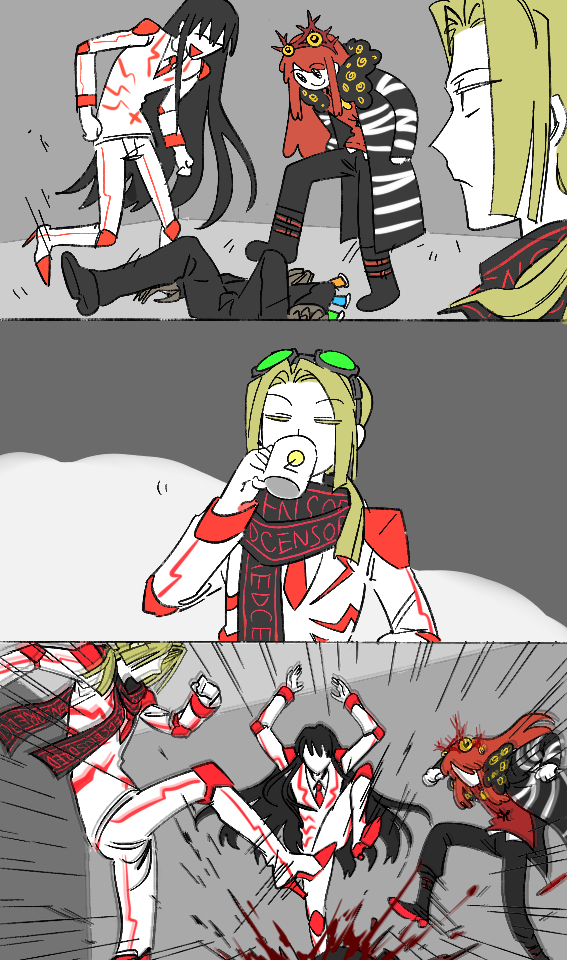 4boys, ^_^, abbacchio_joins_the_kicking_(meme), baral_(project_moon), black_coat, black_hair, black_pants, blood