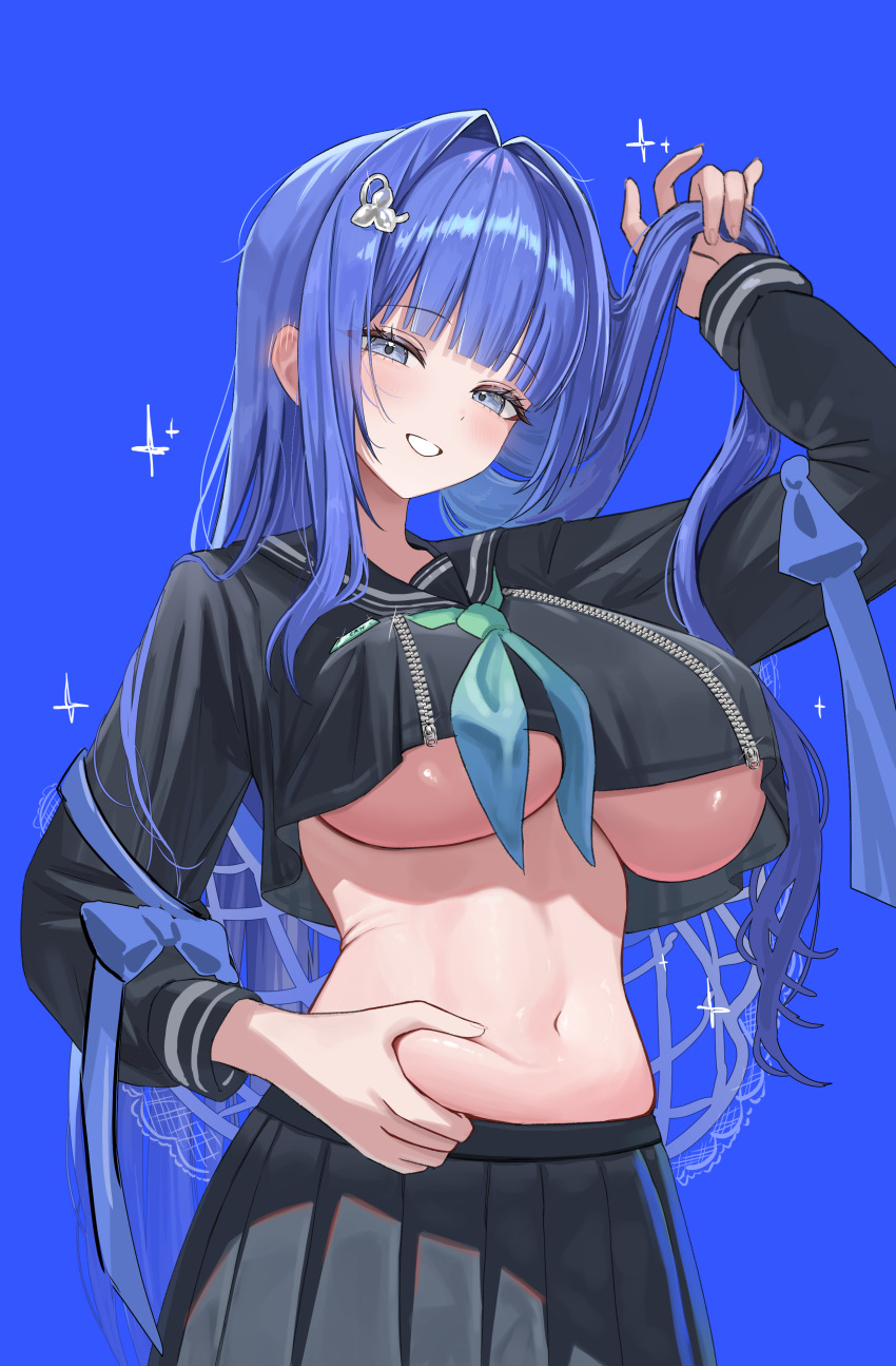 1girl, absurdres, arcana_(fortune_mate)_(nikke), arcana_(nikke), black_sailor_collar, black_skirt, blue_background, blue_eyes