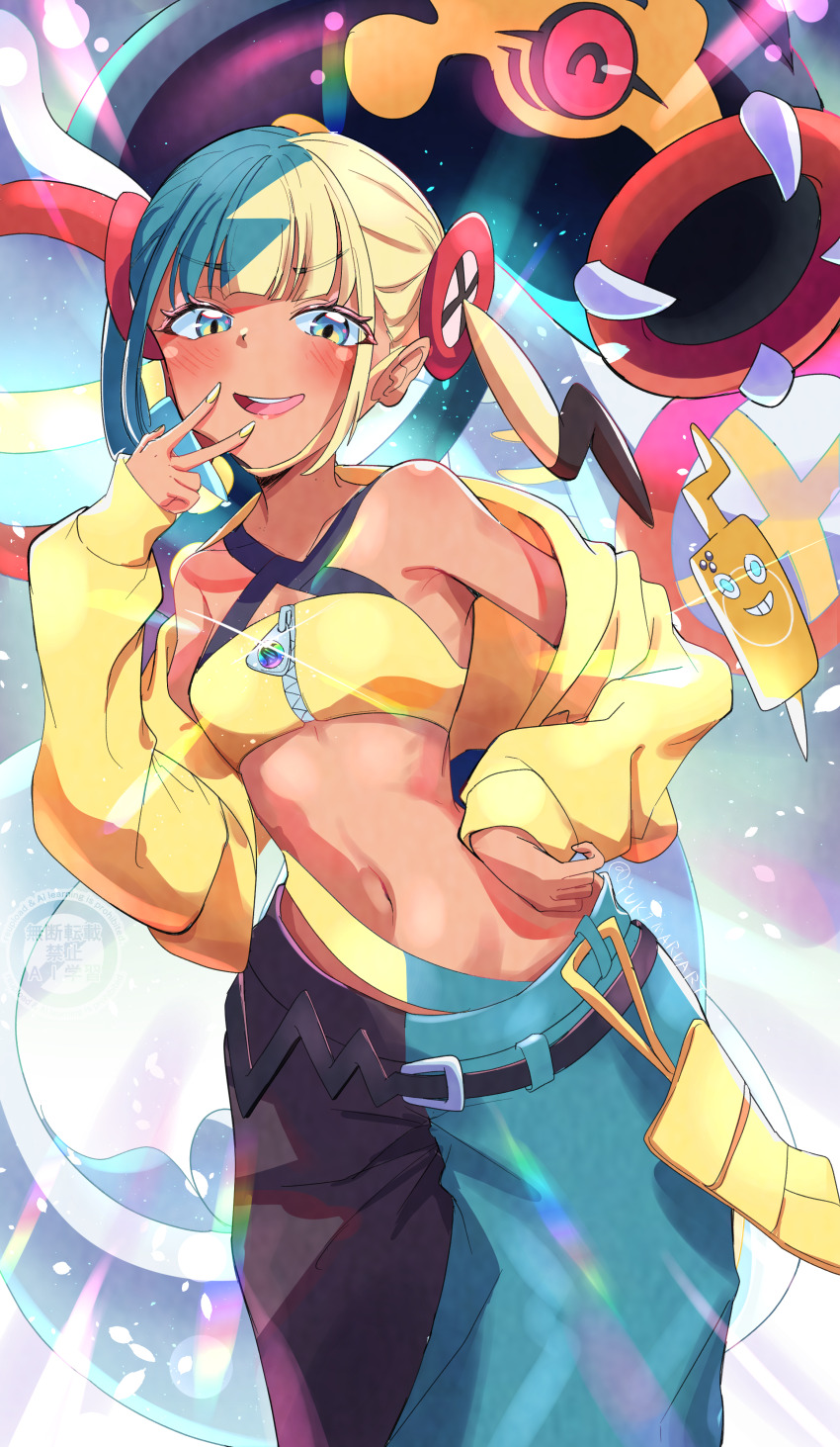 1girl, absurdres, aqua_hair, bandeau, bare_shoulders, black_mask, blonde_hair, blue_eyes