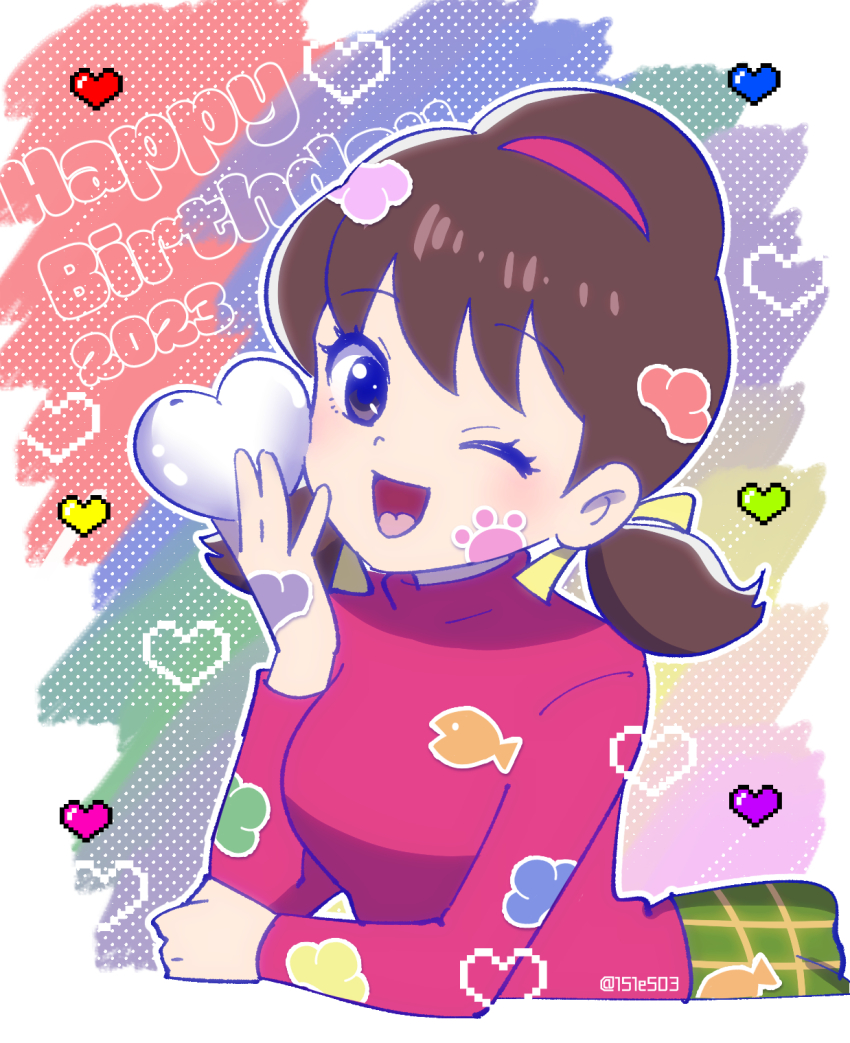 1girl, bow, brown_hair, commentary, green_skirt, hair_bow, happy_birthday, heart