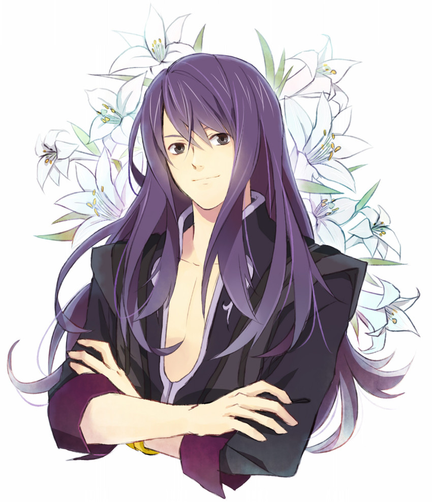 00s, 1boy, bad_id, bad_pixiv_id, black_eyes, black_hair, crossed_arms, flower, highres, lily_(flower), long_hair, male_focus, pun, smile, solo, tales_of_(series), tales_of_vesperia, tsubukiri, white_background, yuri_lowell