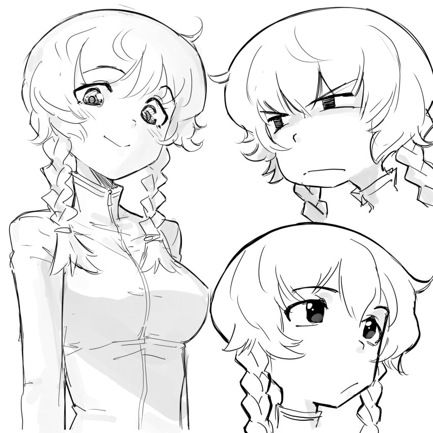 1girl, amane_suzuha, blush, braid, closed_mouth, greyscale, highres, looking_at_viewer