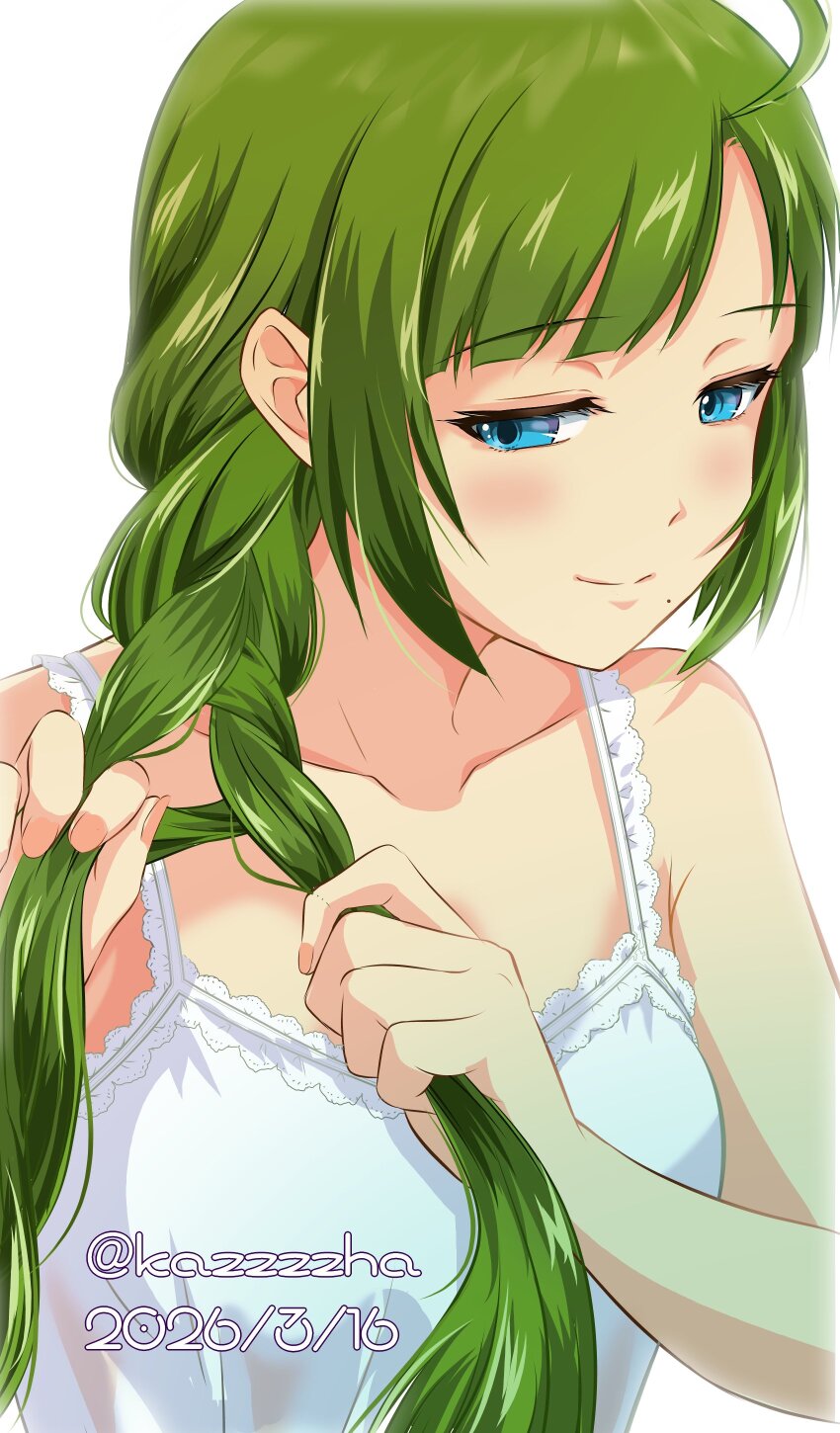 1girl, absurdres, adjusting_hair, ahoge, bare_shoulders, blue_eyes, braid, breasts