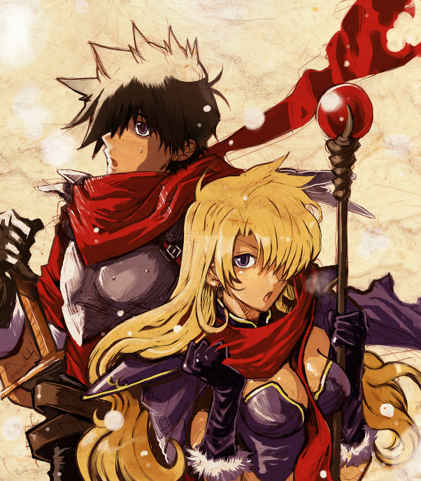 1boy, 1girl, ares_(brandish), armor, blonde_hair, brandish, brandish_(video_game), breasts