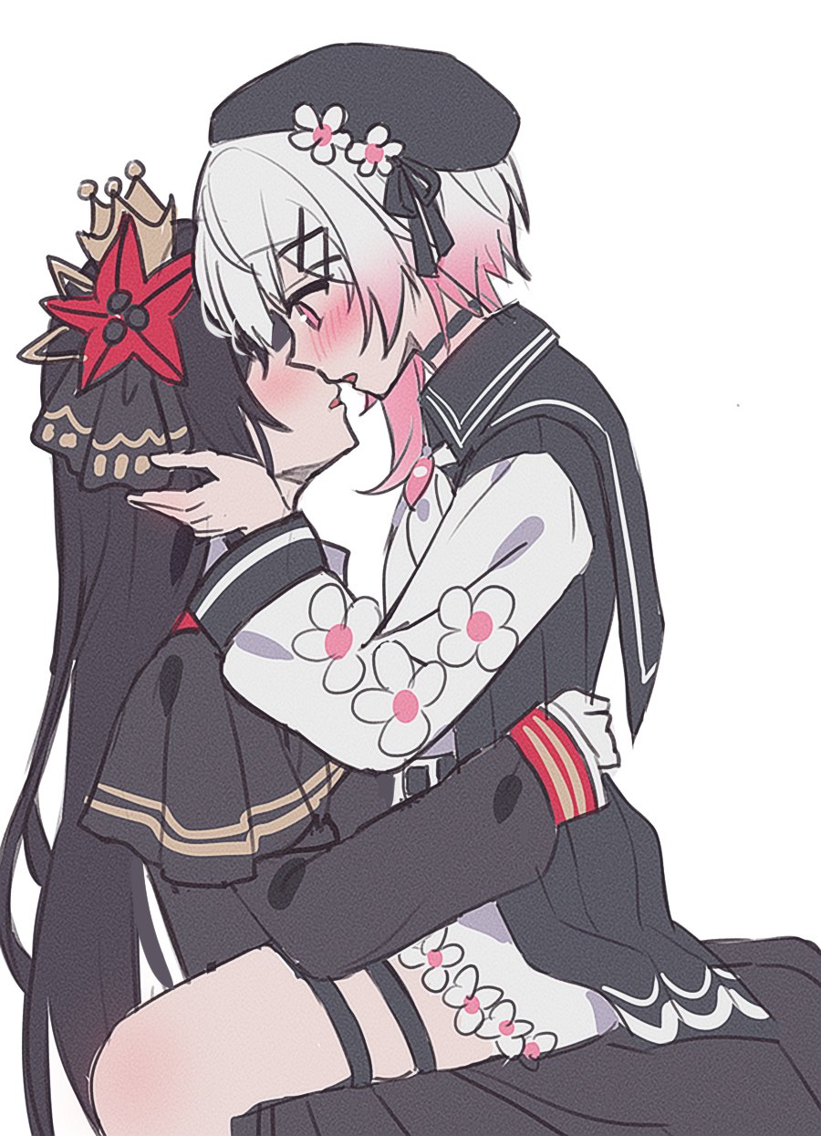 2girls, black_choker, black_dress, black_hair, black_hat, blush, choker, commentary_request, dress, flower, gloves, gradient_hair, hair_flower, hair_ornament, hand_on_another's_waist, hat, highres, korean_commentary, long_hair, mahou_shoujo_no_majo_saiban, mixed-language_commentary, multicolored_hair, multiple_girls, nikaido_hiro, open_mouth, pink_eyes, pink_hair, pinkisangel, red_flower, sakuraba_ema, shirt, short_hair, shorts, simple_background, sitting, sitting_on_lap, sitting_on_person, thigh_strap, white_background, white_gloves, white_hair, white_shirt, white_shorts, yuri