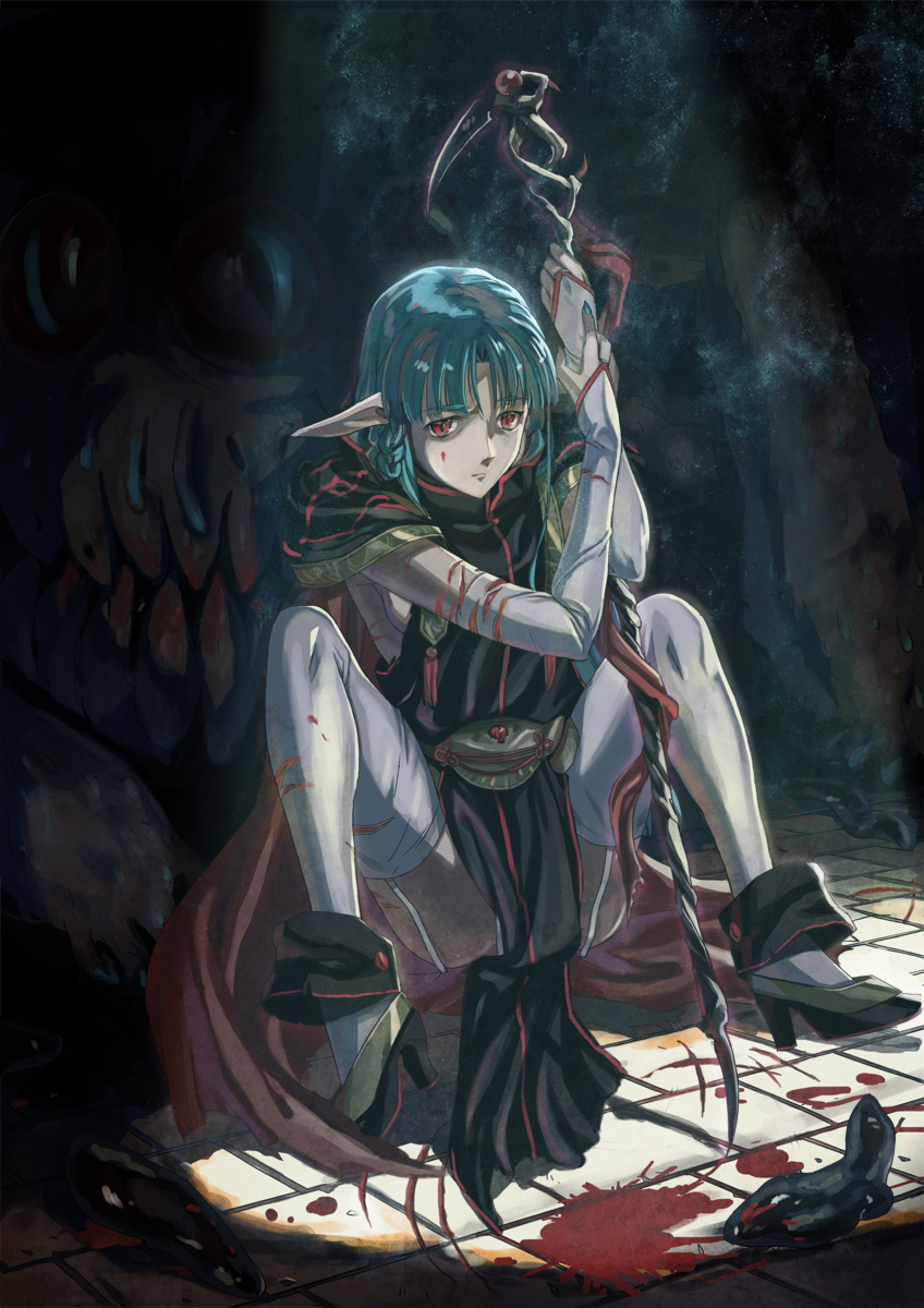 1girl, bad_id, bad_pixiv_id, blood, brandish, brandish_(video_game), breasts, cape, clare_(brandish), elf, female_focus, full_body, garter_straps, green_hair, highres, kinuta_kouji, m_legs, medium_breasts, pointy_ears, red_eyes, shoes, short_hair, sideboob, solo, spread_legs, staff, thighhighs, white_thighhighs, yosakoi153