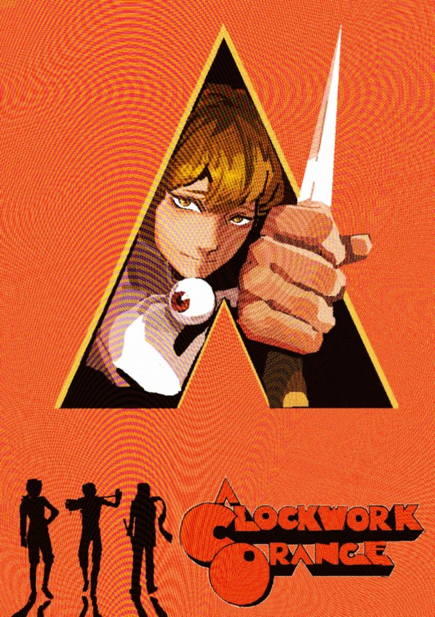 1girl, 2boys, a_clockwork_orange, blonde_hair, closed_mouth, demian_(project_moon), english_text, eyeball, highres, holding, holding_knife, knife, kromer_(project_moon), limbus_company, looking_at_viewer, movie_poster_(medium), multiple_boys, parody, poster_(medium), project_moon, ravenlynch886, scarf, short_hair, silhouette, sinclair_(project_moon), smile, weapon, yellow_eyes