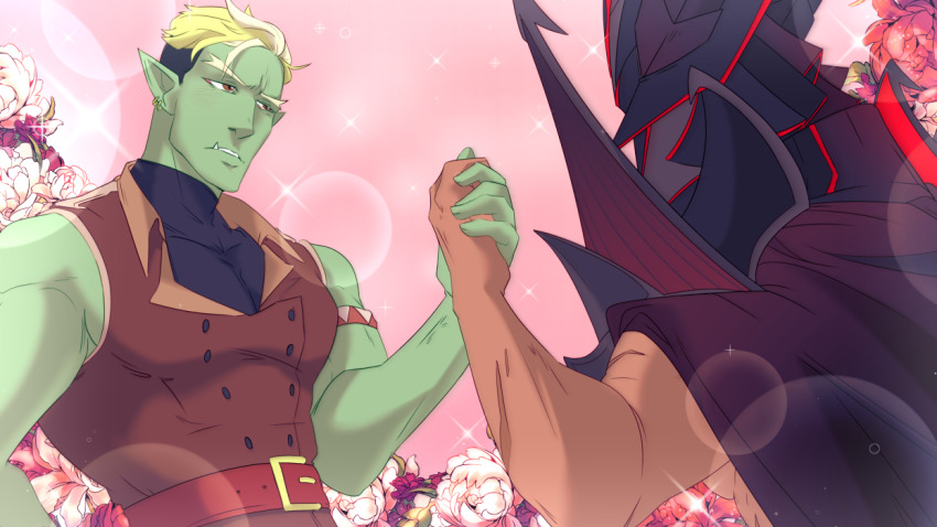 2boys, aquiline_nose, bara, belt, blonde_hair, blush, cape, colored_skin