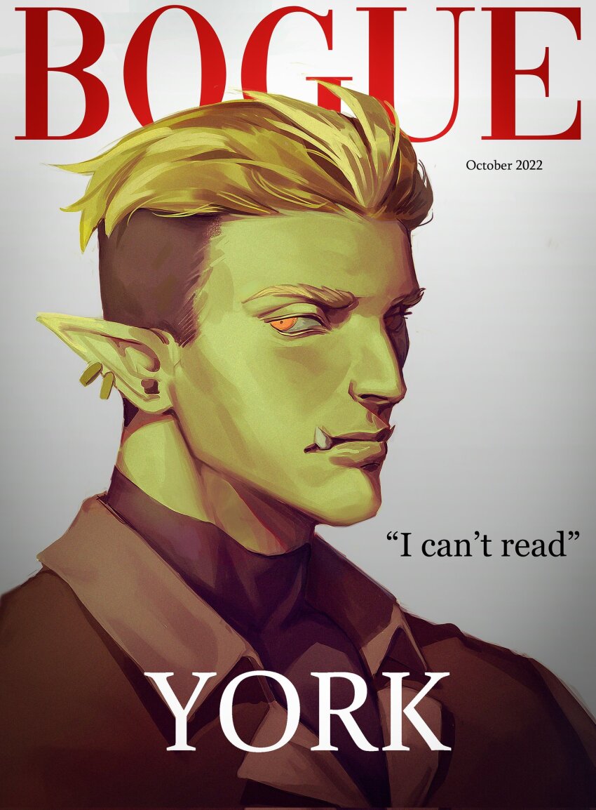 1boy, 2022, aquiline_nose, blonde_hair, character_name, colored_skin, cover, drawfee