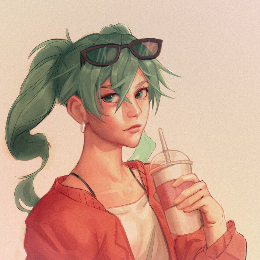 1girl, bra_strap, cardigan, collarbone, commentary, cup, drinking_straw, earrings, english_commentary, eyewear_on_head, green_eyes, green_hair, hatsune_miku, highres, holding, holding_cup, jewelry, lips, lobtw_o, long_hair, nose, open_cardigan, open_clothes, realistic, shirt, simple_background, solo, twintails, upper_body, vocaloid, white_shirt