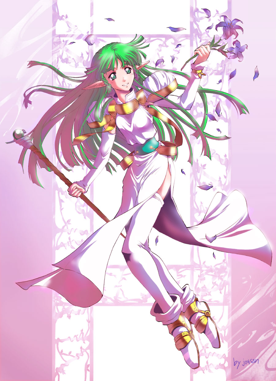 1girl, armor, braid, brandish, brandish_(video_game), brandish_vt, clare_(brandish), elf, falcom, female_focus, flower, full_body, green_eyes, green_hair, highres, lily_(flower), long_hair, matching_hair/eyes, pauldrons, pink_background, pointy_ears, shoes, shoulder_armor, smile, solo, thighhighs, white_thighhighs, xiacheng_tatsuya