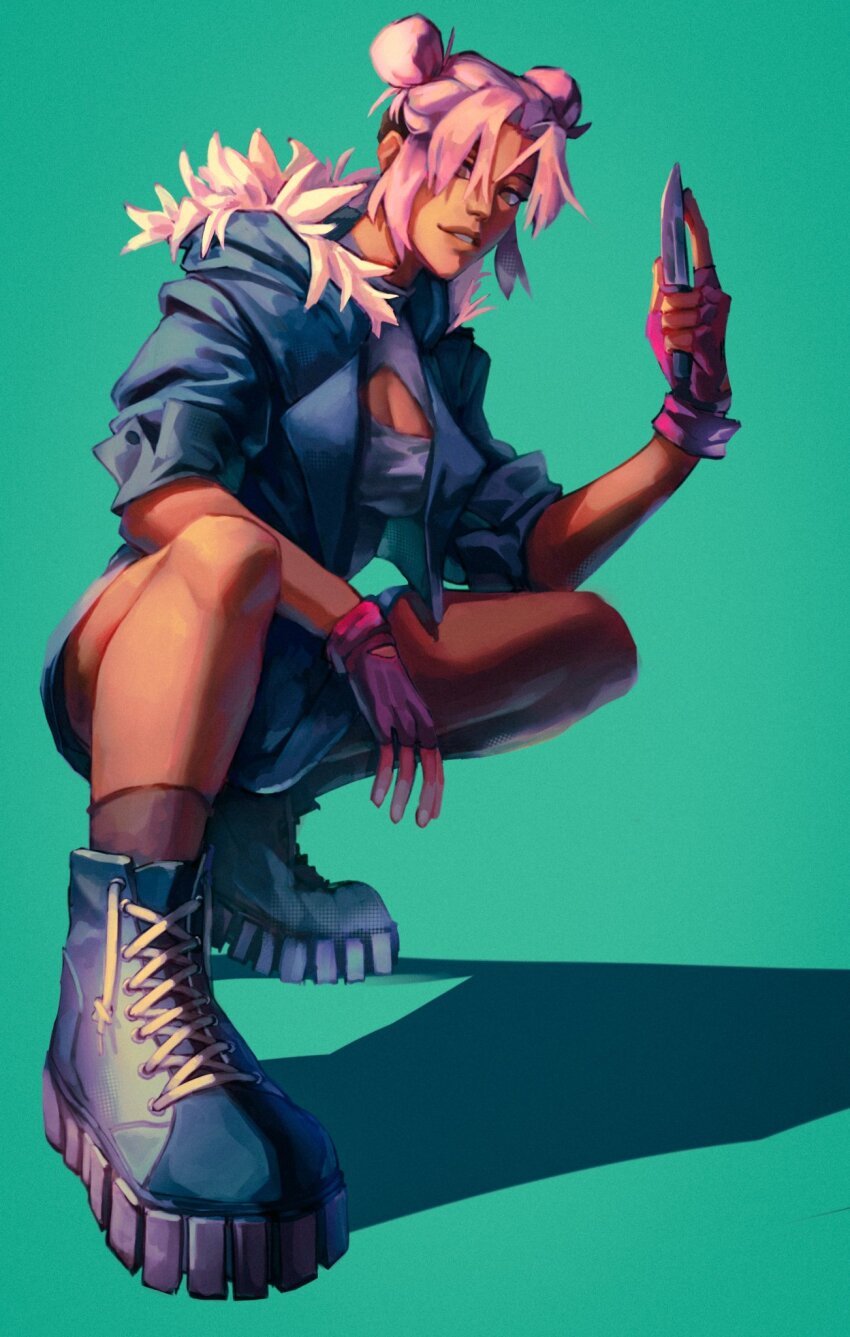 1girl, boots, breasts, cleavage, cleavage_cutout, clothing_cutout, dark-skinned_female, dark_skin, double_bun, drawfee, drawtectives, fingerless_gloves, full_body, fur-trimmed_jacket, fur_trim, gloves, hair_bun, highres, holding, holding_knife, jacket, knife, leather, leather_jacket, lips, lobtw_o, official_alternate_costume, official_alternate_hairstyle, pink_hair, rose_(drawtectives), skirt, solo, squatting, undercut