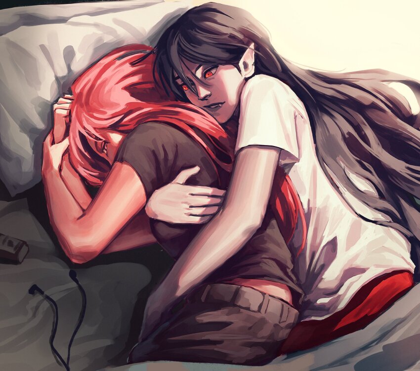 2girls, adventure_time, animification, black_hair, casual, colored_skin, cuddling, demon_girl, earbuds, earphones, grey_skin, highres, hug, hug_from_behind, lobtw_o, long_hair, marceline_abadeer, multiple_girls, on_bed, pillow, pink_hair, pink_skin, pointy_ears, princess_bonnibel_bubblegum, realistic, red_eyes, shirt, t-shirt, vampire, very_long_hair, yuri
